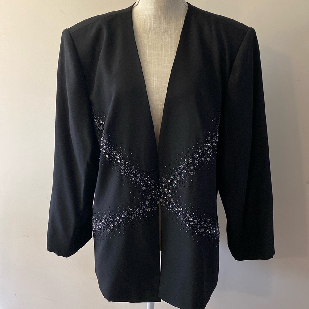 Embellished women’s black blazer evening jacket long sleeve stone embroidery 20